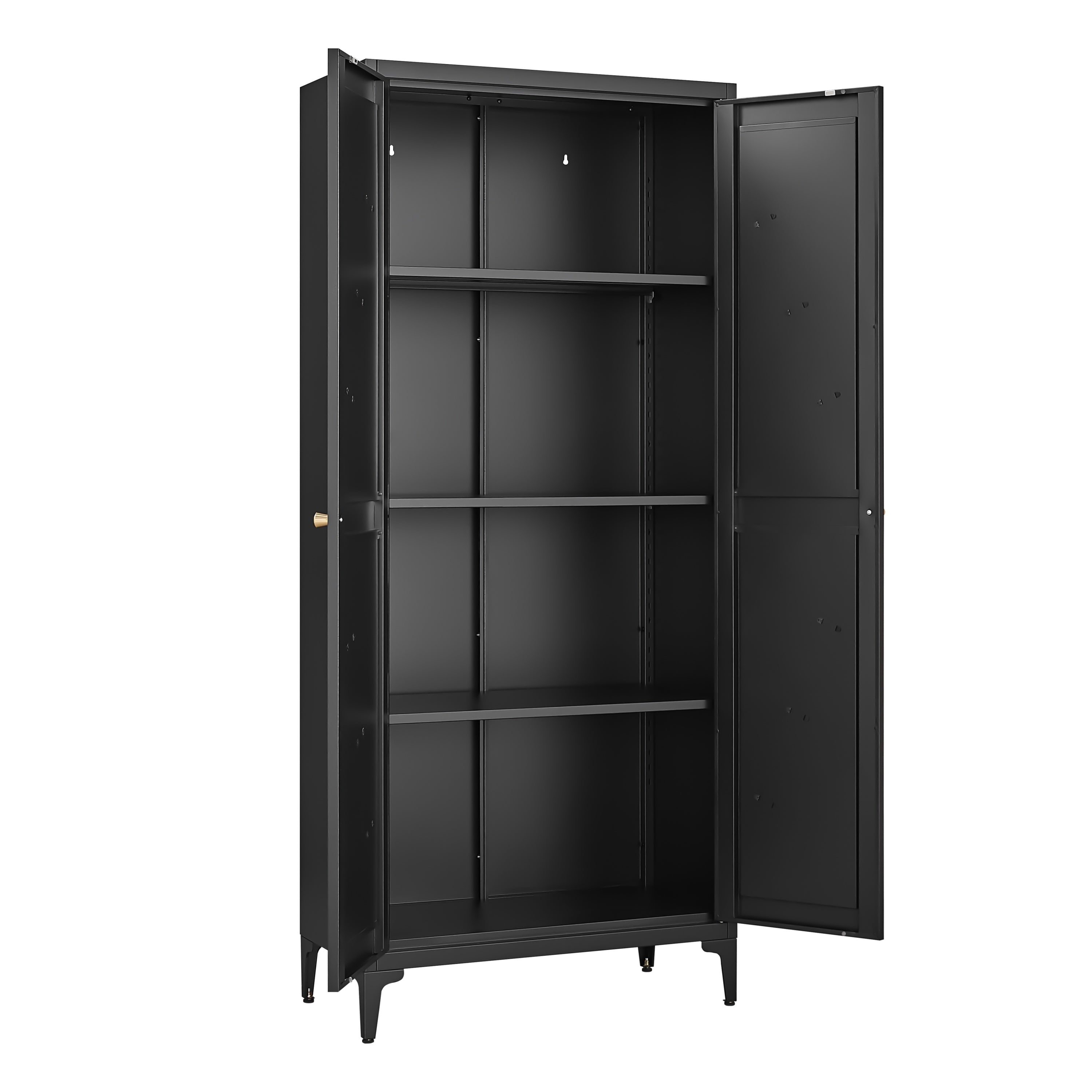Black Metal Adjustable 2-Door Kitchen Pantry Cabinet with Striped Design and Gold Handles, Tall Steel Storage Locker for Kitc