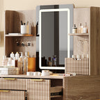 4-Drawer Vanity Desk with LED Mirror & Carved Details, Fluted Makeup Table with Metal Legs and PU Stool, Carved Dressing Table with Jewelry Storage for Bedroom - Grand Goldman Shop