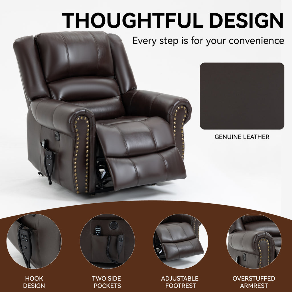 Power Lift Recliner Chair Heat Massage Dual Motor Infinite Position Up to 350 LBS, Genuine Leather, Heavy Duty Motion Mechanism with USB Ports, Brown - Grand Goldman Shop