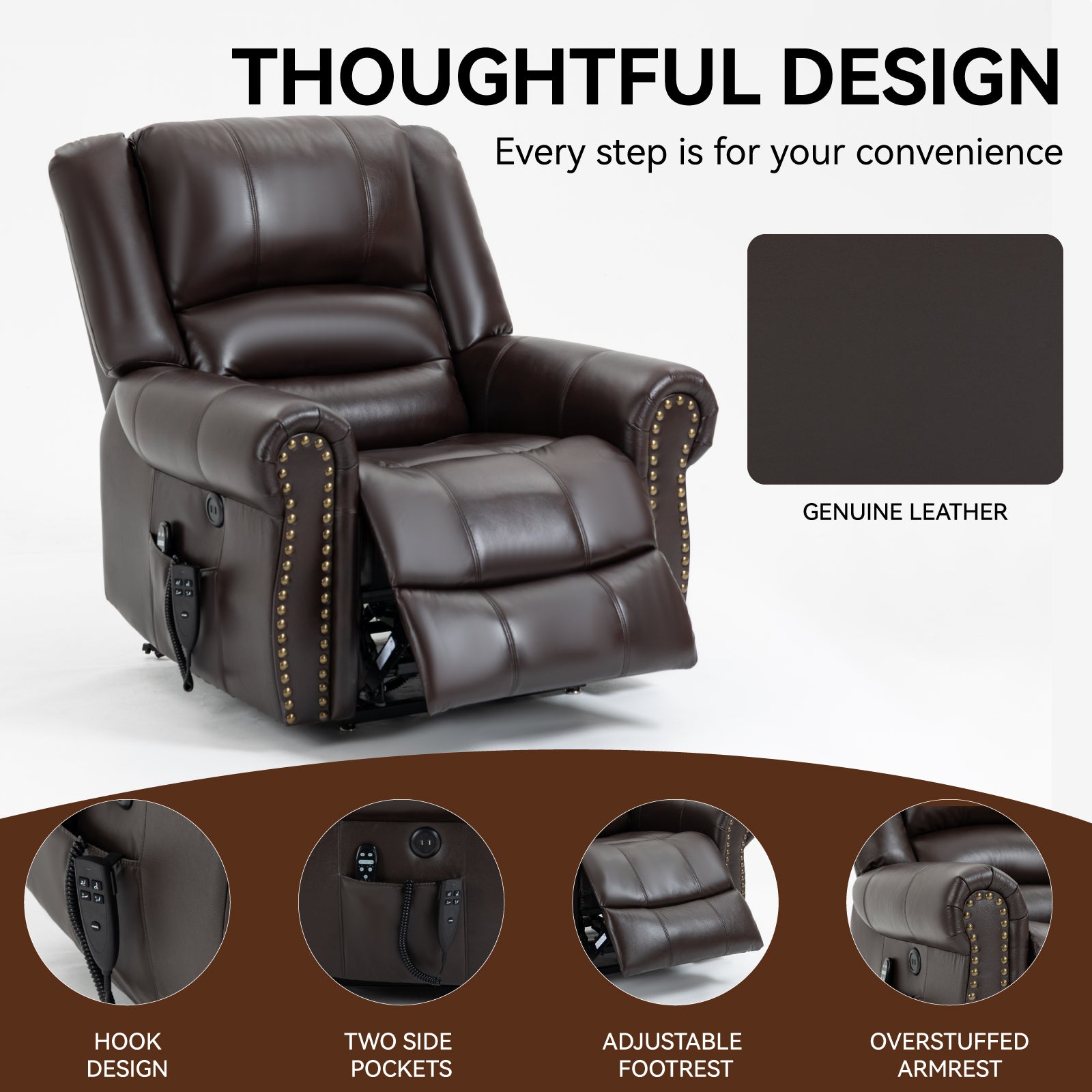 Power Lift Recliner Chair Heat Massage Dual Motor Infinite Position Up to 350 LBS, Genuine Leather, Heavy Duty Motion Mechanism with USB Ports, Brown - Grand Goldman Shop