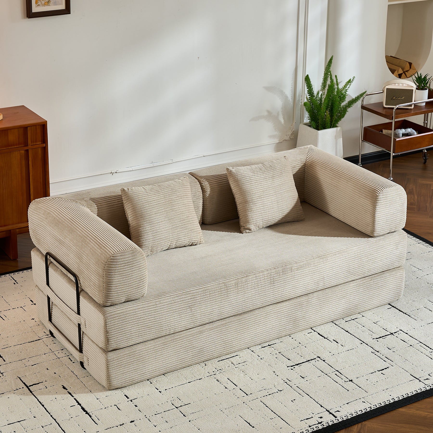 Convertible Sleeper Sofa Bed with Cylindrical Pillow, Corduroy Folding Mattress Couch with Fixed-Shape Frame, Floor Sofa Lounge Couch for Living Room Bedroom (Beige) - Grand Goldman Shop
