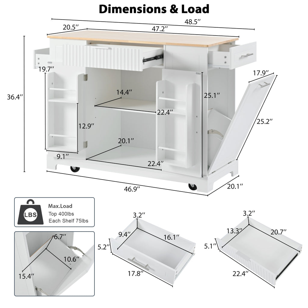 K&K Fluted Kitchen Island with Trash Can Storage Cabinet, Power Outlet, Internal Storage Rack, Rolling Kitchen Islands on 5 Wheels with 3 Drawer, 3 Open Side Racks for 10 Gallon Garbage Bin, White - Grand Goldman Shop