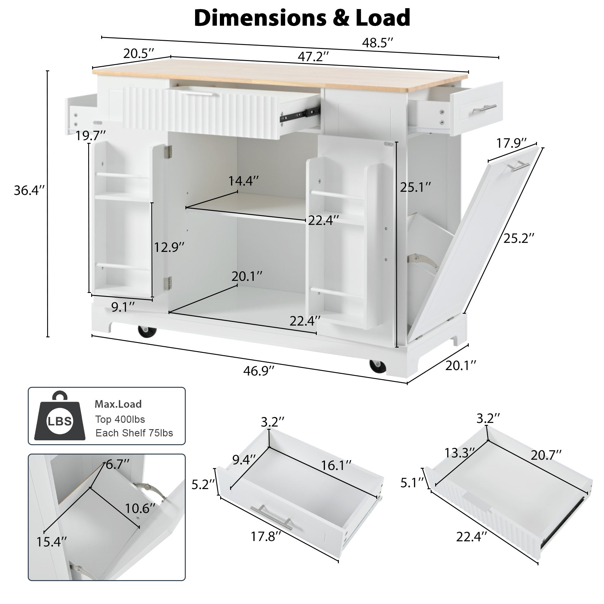 K&K Fluted Kitchen Island with Trash Can Storage Cabinet, Power Outlet, Internal Storage Rack, Rolling Kitchen Islands on 5 Wheels with 3 Drawer, 3 Open Side Racks for 10 Gallon Garbage Bin, White - Grand Goldman Shop