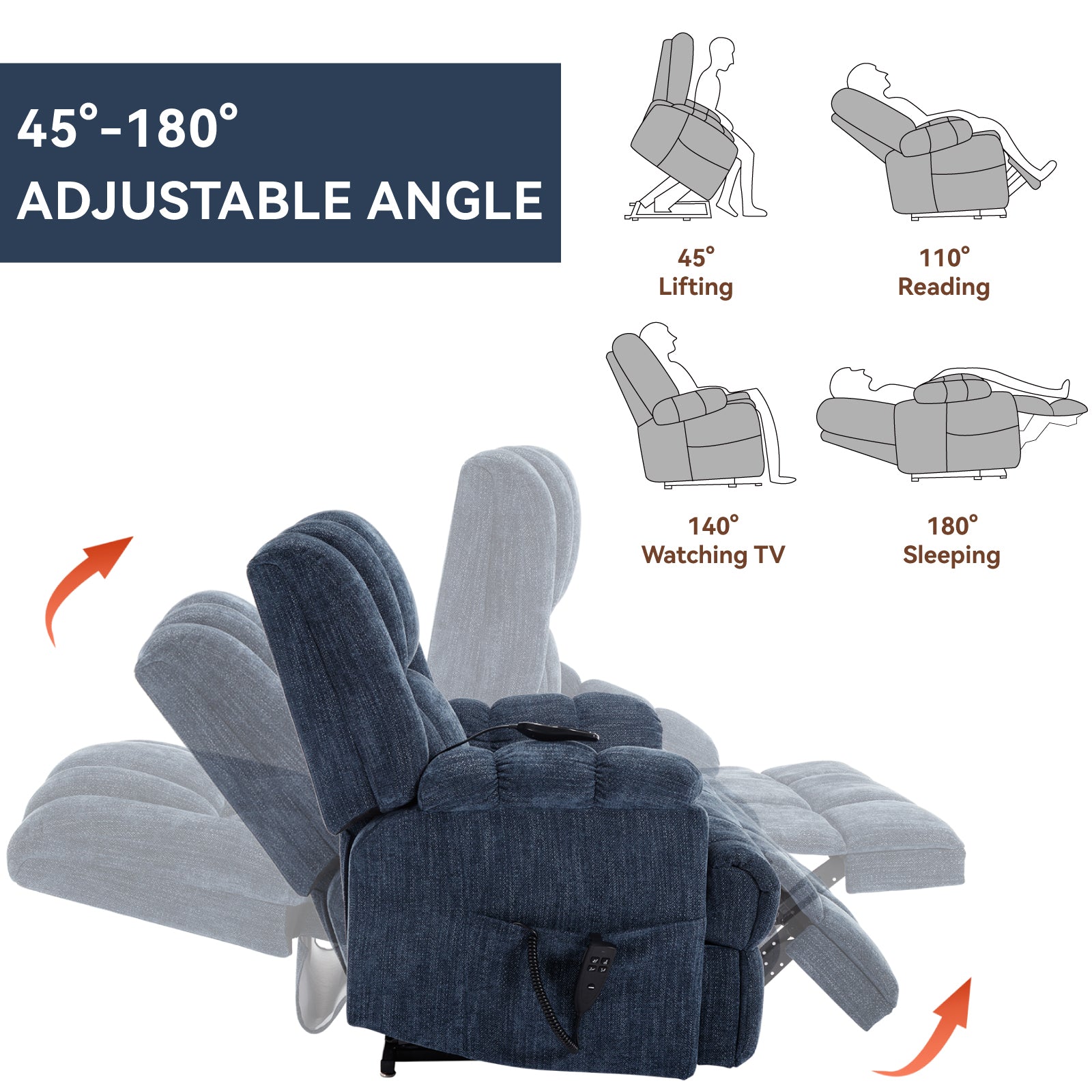 Dual Motor Heat Massage Infinite Position Up to 350 LBS Electric Power Lift Recliners with Power-Remote, Medium-firm and Heavy Duty, Blue - Grand Goldman Shop