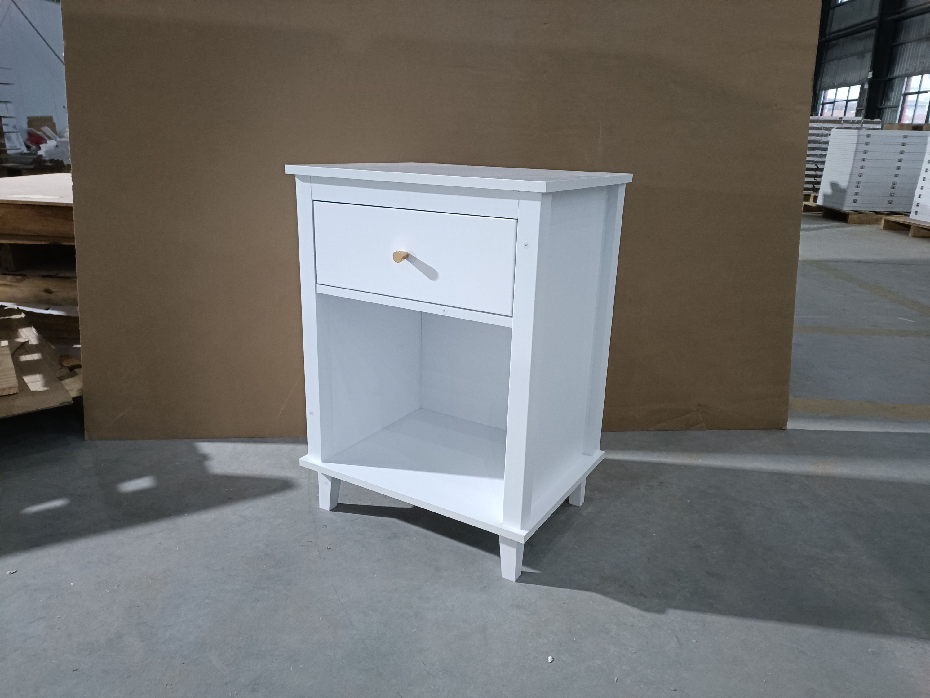 26.77''H White Wooden Nightstand with One Drawer and Shelf, Golden Handle, MDF Construction for Kids and Adults - Grand Goldman Shop