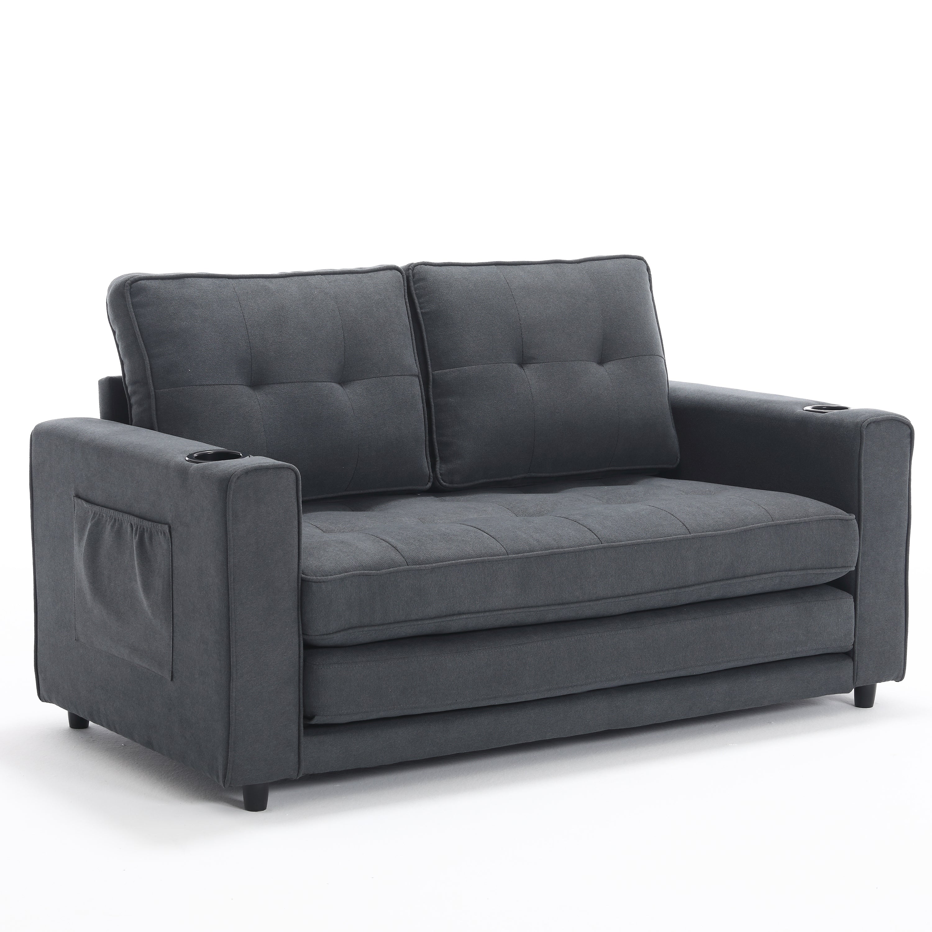 {VIDEO Provided}3-in-1 Upholstered Futon Sofa Convertible Sofa bed,Foldable Tufted Loveseat with Pull Out Sleeper Couch Bed,Folding Mattres Love Seat Daybed W/Side Pockets and Cup Holder, Dark Gray - Grand Goldman Shop