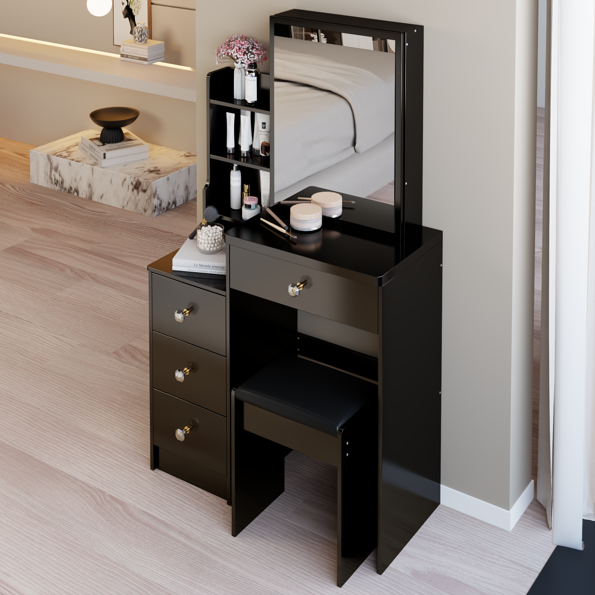 29.2' Small Space Left Bedside Cabinet Vanity Table + Cushioned Stool, Extra Large Right sliding mirror, Multi Layer High Capacity Storage, Practical Fashionable Dresser, Suitable For Small Space - Grand Goldman Shop