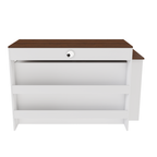 Kitchen Island with Extendable & Rotating Table, MDF with Walnut Veneer Retro Design, 4 Drawers & Glass Door Cabinets with Built-in Socket, Expandable Dining Station for 2-4 Person - Grand Goldman Shop