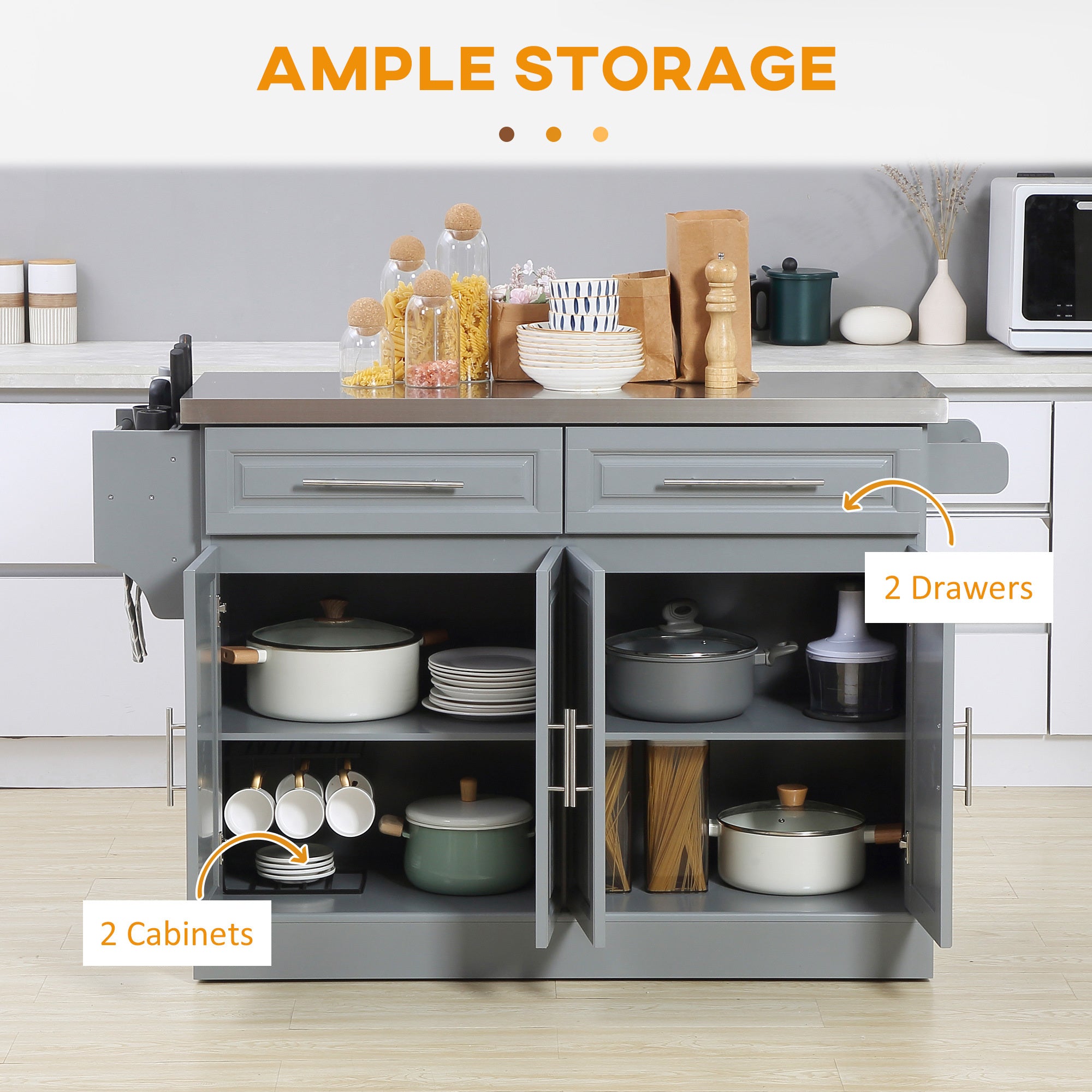 HOMCOM Rolling Kitchen Island with Stainless Steel Top and Storage, Gray, MDF, 57 x 17.75 x 36 inches - Grand Goldman Shop