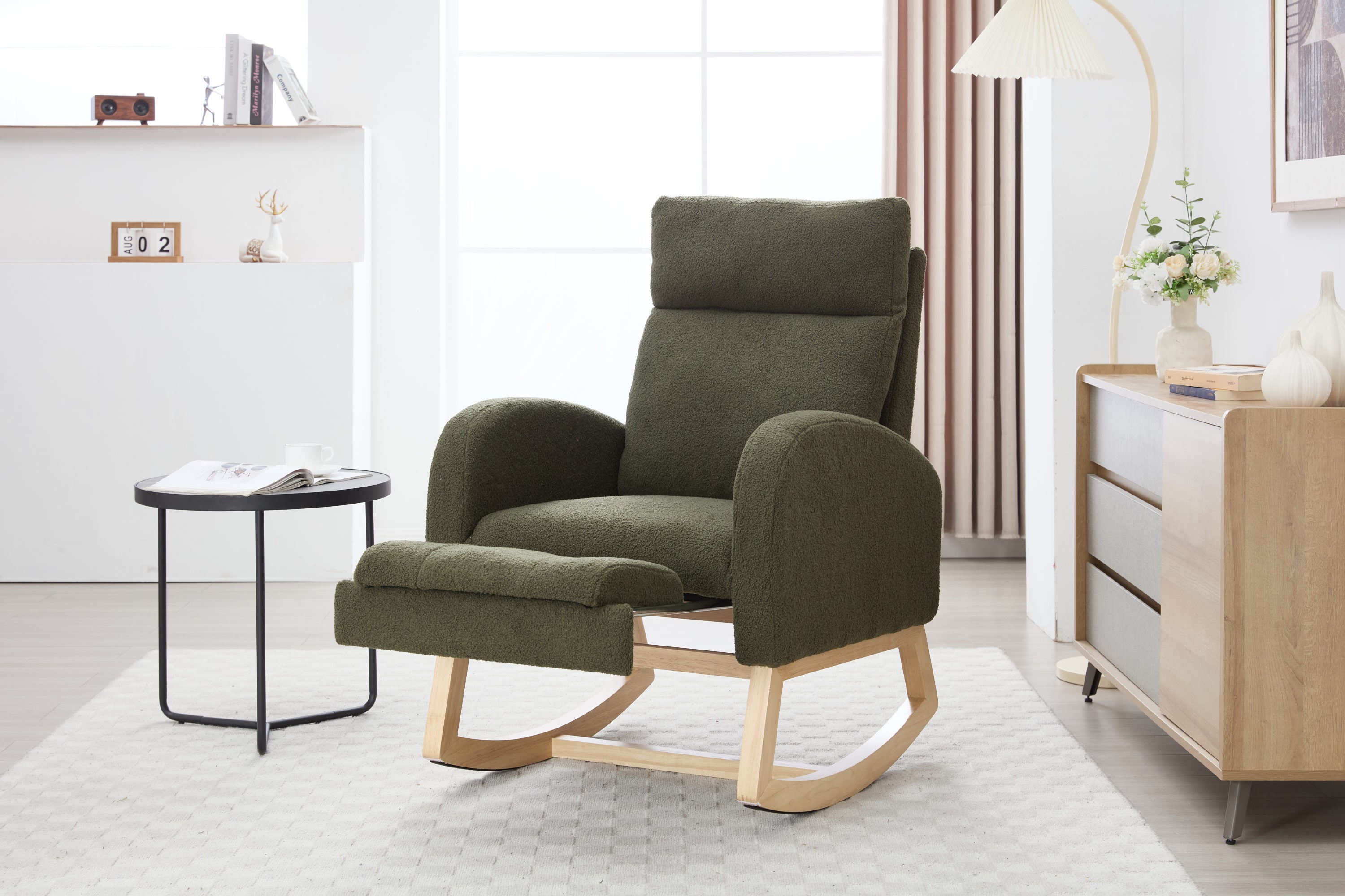 015B-Teddy Fabric Leisure Rocking Chair,Nursery Rocking Chair With Adjustable Footstool,Thickened Headrest And High Backrest, Storage Pocket On The Right Side,The Base Rocker Is Solid Wood,Green - Grand Goldman Shop