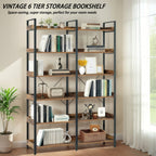 6-Tier Industrial Bookshelf, 67' Wooden Bookshelf with Open Shelves, Freestanding Metal Frame Bookcase for Storage and Display, Modern Book Shelves for Bedroom, Living Room and Home Office, Brown - Grand Goldman Shop