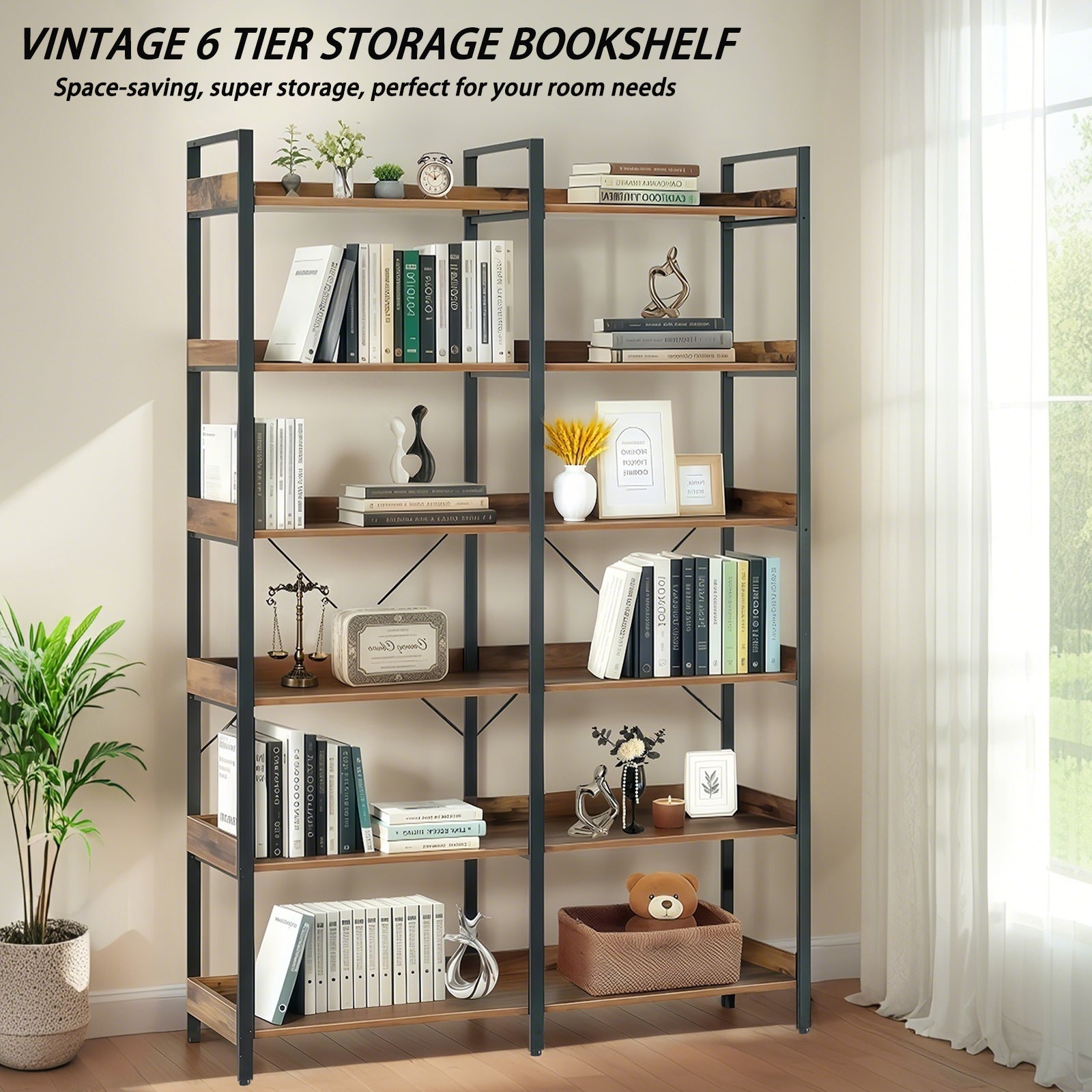6-Tier Industrial Bookshelf, 67' Wooden Bookshelf with Open Shelves, Freestanding Metal Frame Bookcase for Storage and Display, Modern Book Shelves for Bedroom, Living Room and Home Office, Brown - Grand Goldman Shop
