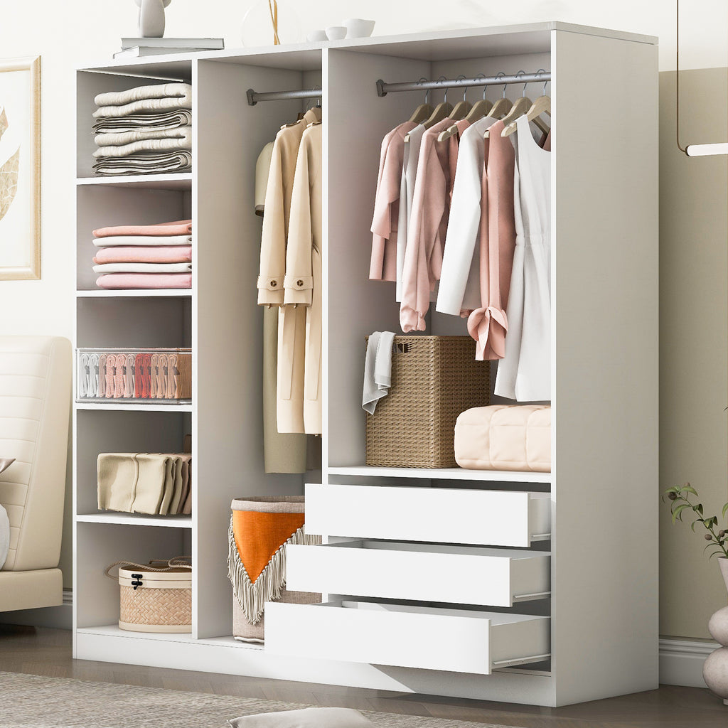 Doorless Wooden Storage Wardrobe for Dedroom with Shelves and 3 Drawers, White - Grand Goldman Shop