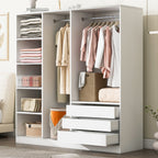 Doorless Wooden Storage Wardrobe for Dedroom with Shelves and 3 Drawers, White - Grand Goldman Shop