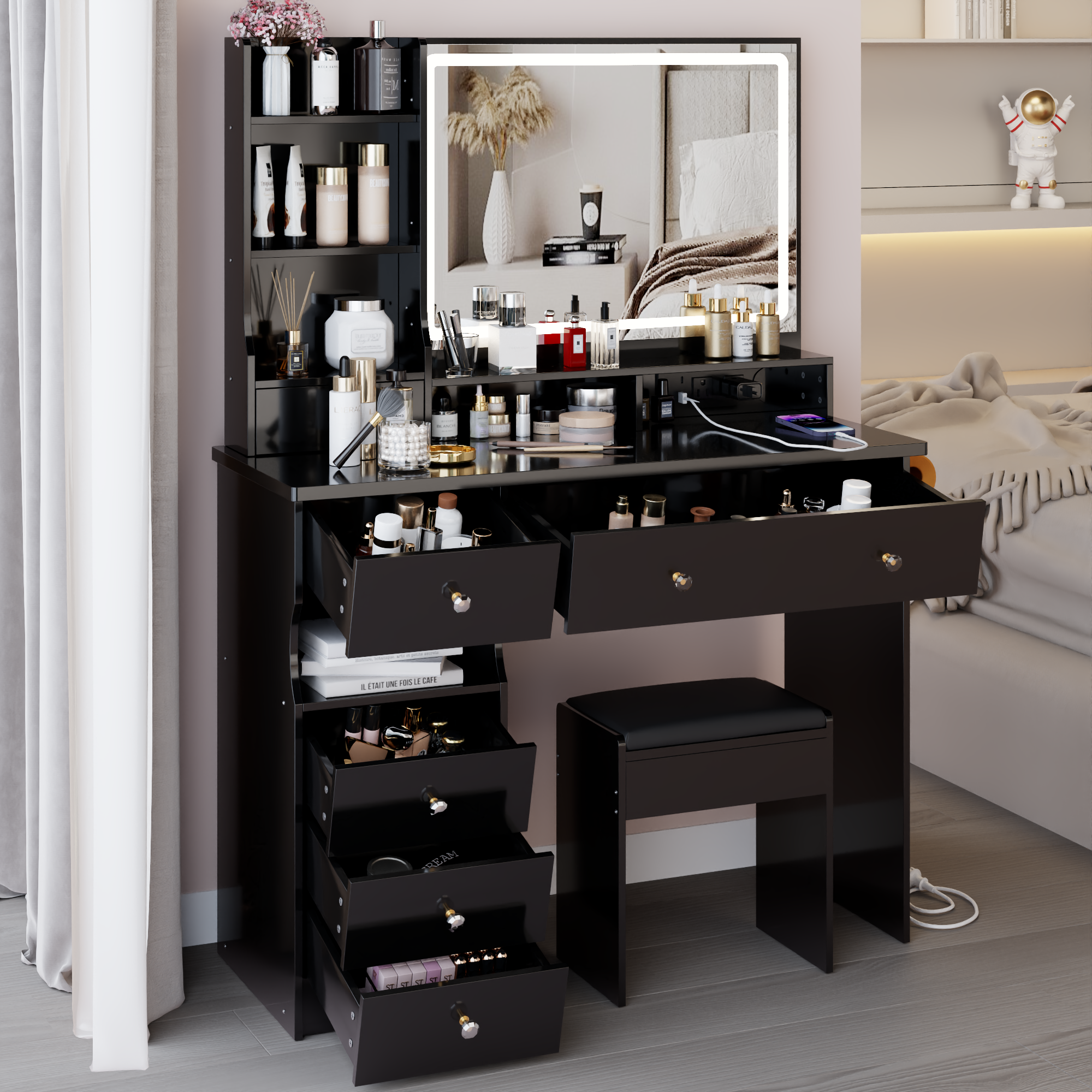 41' Large Size Left Drawer Desktop Vanity Table+Cushioned Stool Dresser Set, 2 AC+2 USB Power Station, Hair Dryer Stand, Extra Large Touch Control LED Mirror, 3-color Switch, EPA, GCC, UL Certificate - Grand Goldman Shop