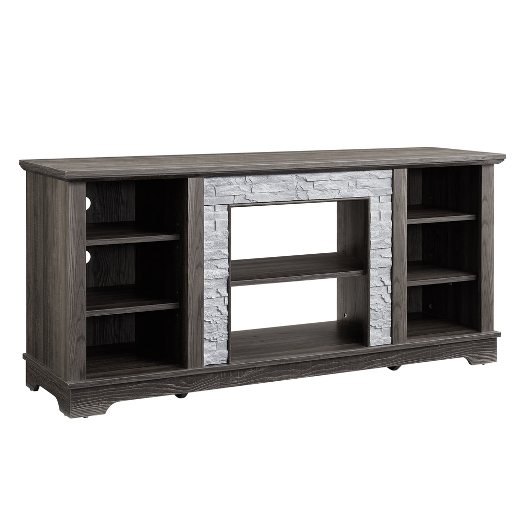 Mantel Stone TV Media Stand with with Faux Stacked Stone Surround, Modern Entertainment Console with Open Storage Space,Grey, 58.31'W*15.39'D*26.06'H - Grand Goldman Shop