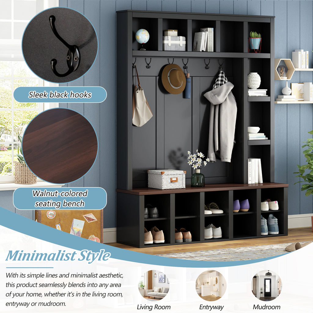 Farmhouse Wooden Hall Tree with 6 Hooks, Walnut Storage Bench with Adjustable Shelves,  4-in-1 Entryway Shoe Cabinet with Cubbies for Mudroom, Living Room, Black, 76.7'H (OLD SKU: N721S000044B) - Grand Goldman Shop