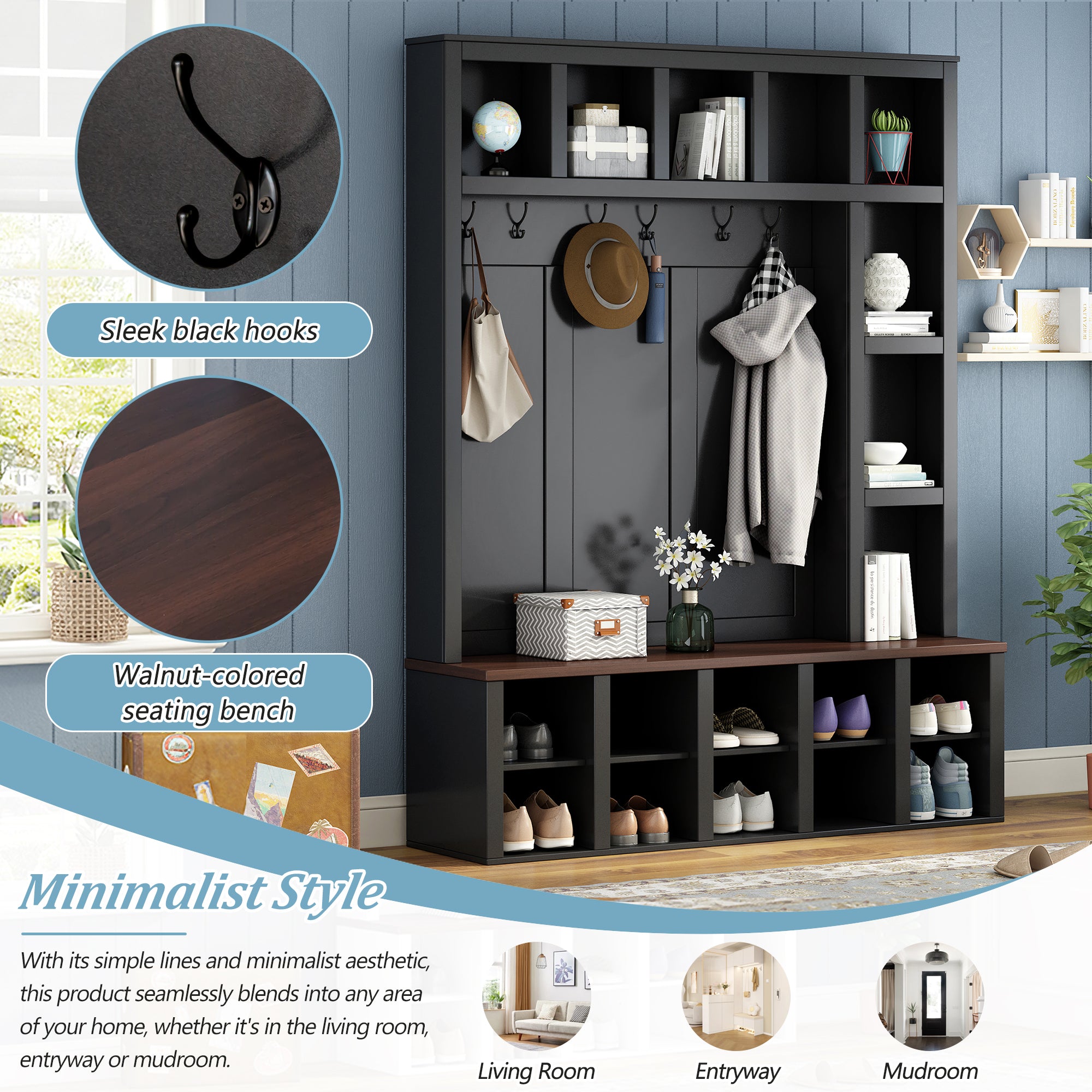 Farmhouse Wooden Hall Tree with 6 Hooks, Walnut Storage Bench with Adjustable Shelves,  4-in-1 Entryway Shoe Cabinet with Cubbies for Mudroom, Living Room, Black, 76.7'H (OLD SKU: N721S000044B) - Grand Goldman Shop