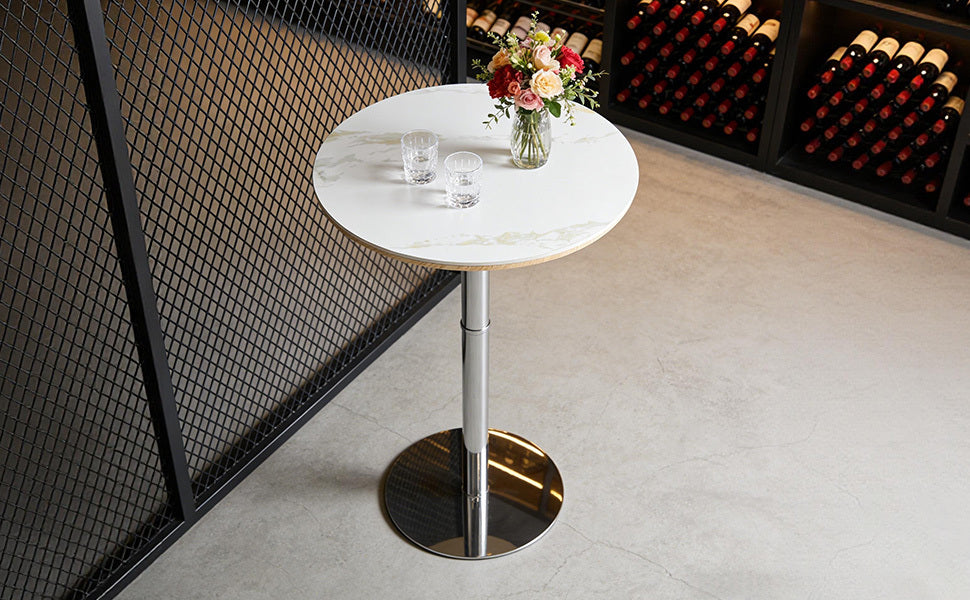 Rock slab circular tabletop non adjustable (39 inches high) bar table, bar table with silver legs and base (white) - Grand Goldman Shop