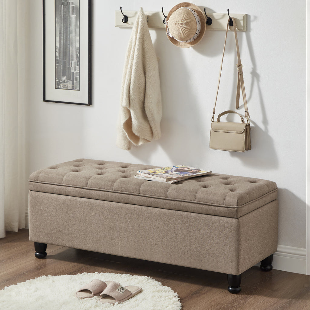 Upholstered tufted button storage bench ,Linen fabric entry bench with spindle wooden legs, Bed bench- Linen - Grand Goldman Shop