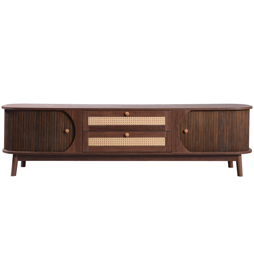 Modern Farmhouse Rattan TV Stand for TVs up to 75'', Natural Wood and Brown Solid Wood Legs, MDF Cabinet with Rattan Drawers and Sliding Doors, 66.93'' L Living Room Entertainment Console - Grand Goldman Shop