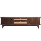 Modern Farmhouse Rattan TV Stand for TVs up to 75'', Natural Wood and Brown Solid Wood Legs, MDF Cabinet with Rattan Drawers and Sliding Doors, 66.93'' L Living Room Entertainment Console - Grand Goldman Shop