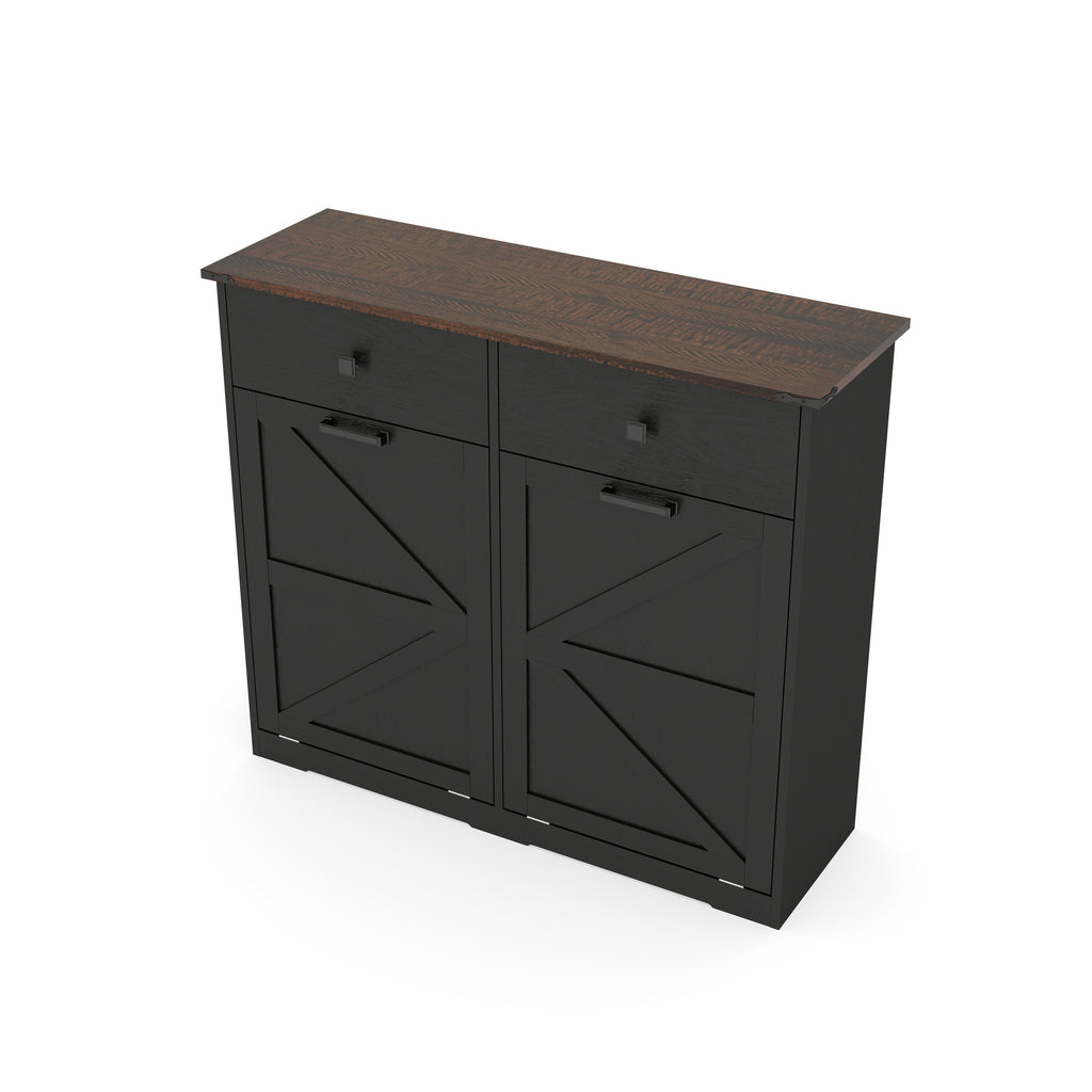 Farmhouse Black Double Tilt Out Trash Cabinet with Hideaway Drawer and Barn Door Style, Engineered Wood, 39.3''×13''×34.45'' - Grand Goldman Shop