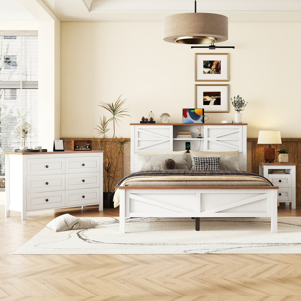 3-Pieces Bedroom Sets Queen Size  Farmhouse Platform Bed with Double Sliding Door Storage Headboard, Storage Nightstand and Dresser, White+Brown(Old SKU HL000092AAK) - Grand Goldman Shop