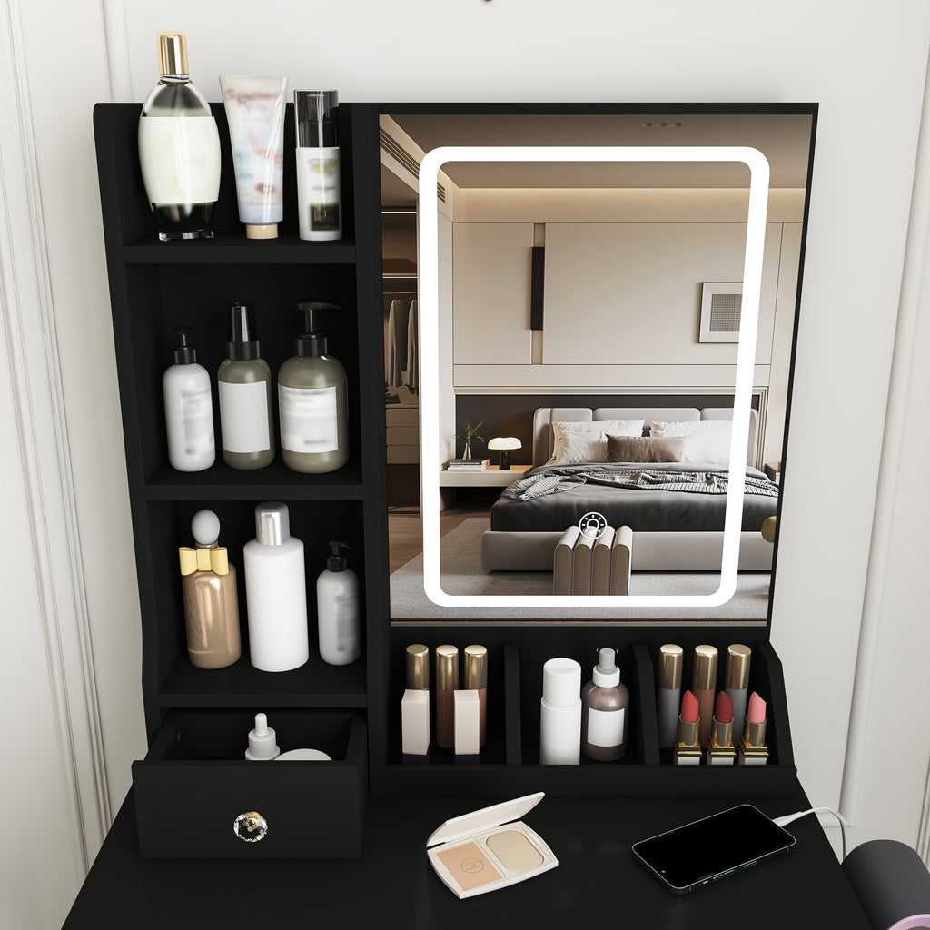 Modern Small Vanity Desk with 3 LED Lighting Modes, 3 Drawers, Open Shelves, Hair Dryer Holder, Power Socket, and Dressing Chair in Black MDF - Grand Goldman Shop