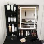 Modern Small Vanity Desk with 3 LED Lighting Modes, 3 Drawers, Open Shelves, Hair Dryer Holder, Power Socket, and Dressing Chair in Black MDF - Grand Goldman Shop