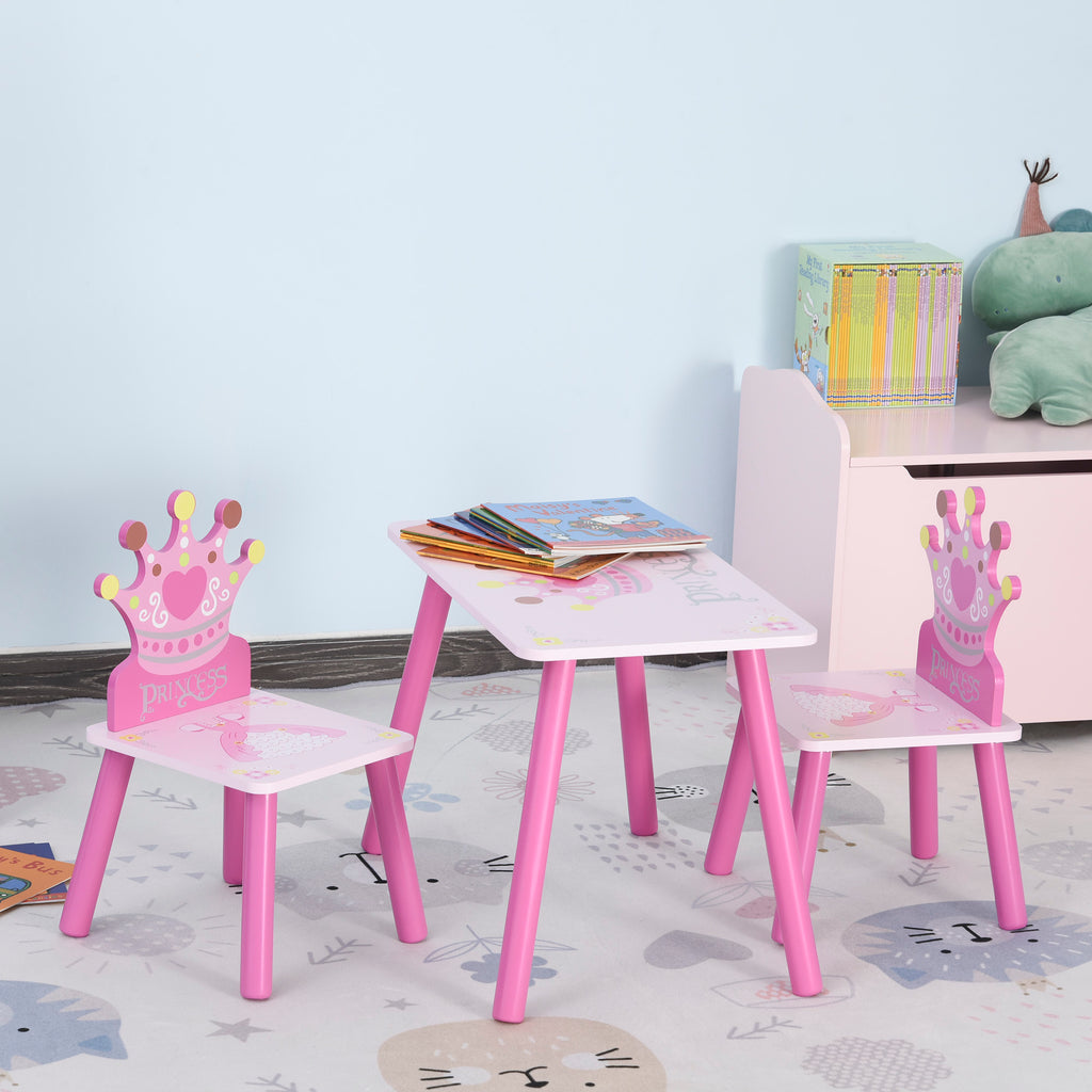 Qaba 3-Piece Kids Wooden Table and Chair Set with Crown Pattern Gift for Girls Toddlers Arts Reading Writing Age 2-4 Years Pi