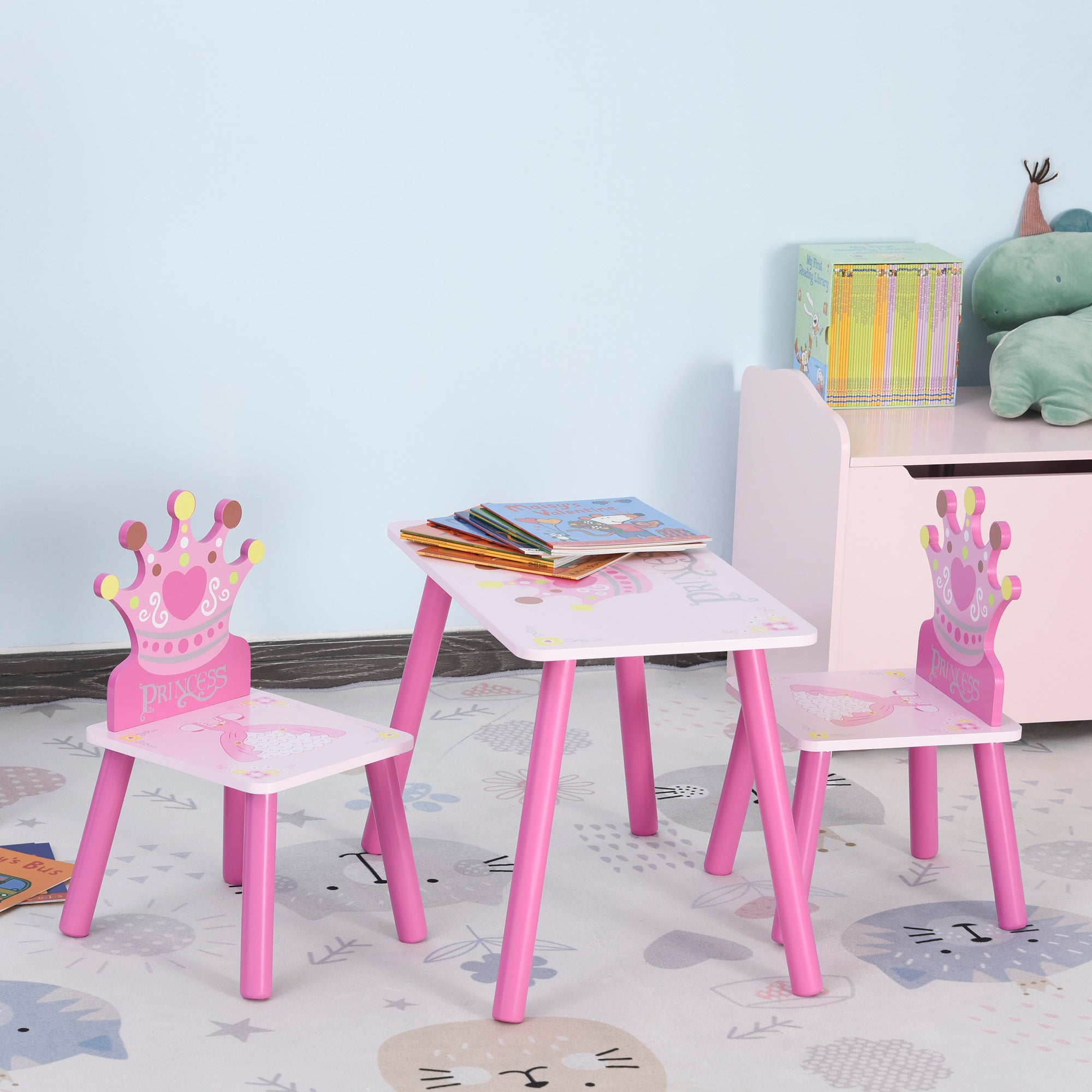 Qaba 3-Piece Kids Wooden Table and Chair Set with Crown Pattern Gift for Girls Toddlers Arts Reading Writing Age 2-4 Years Pi