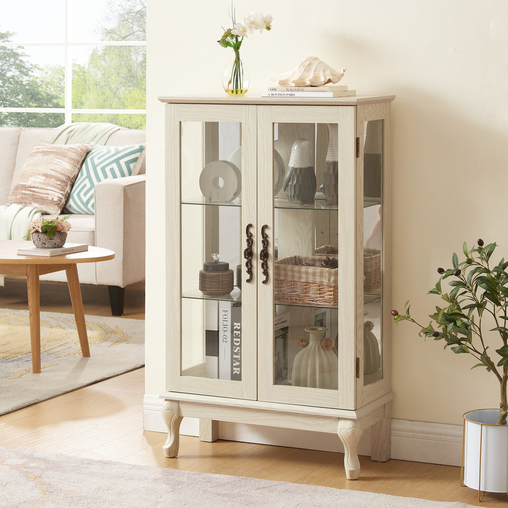 2 Doors Curio Cabinet with Tempered Glass Doors, Curio Cabinets with Mirrored Back Panel and Adjustable Shelves, Lighted Display Cabinet for Home, Office Light Bulb Included White - Grand Goldman Shop