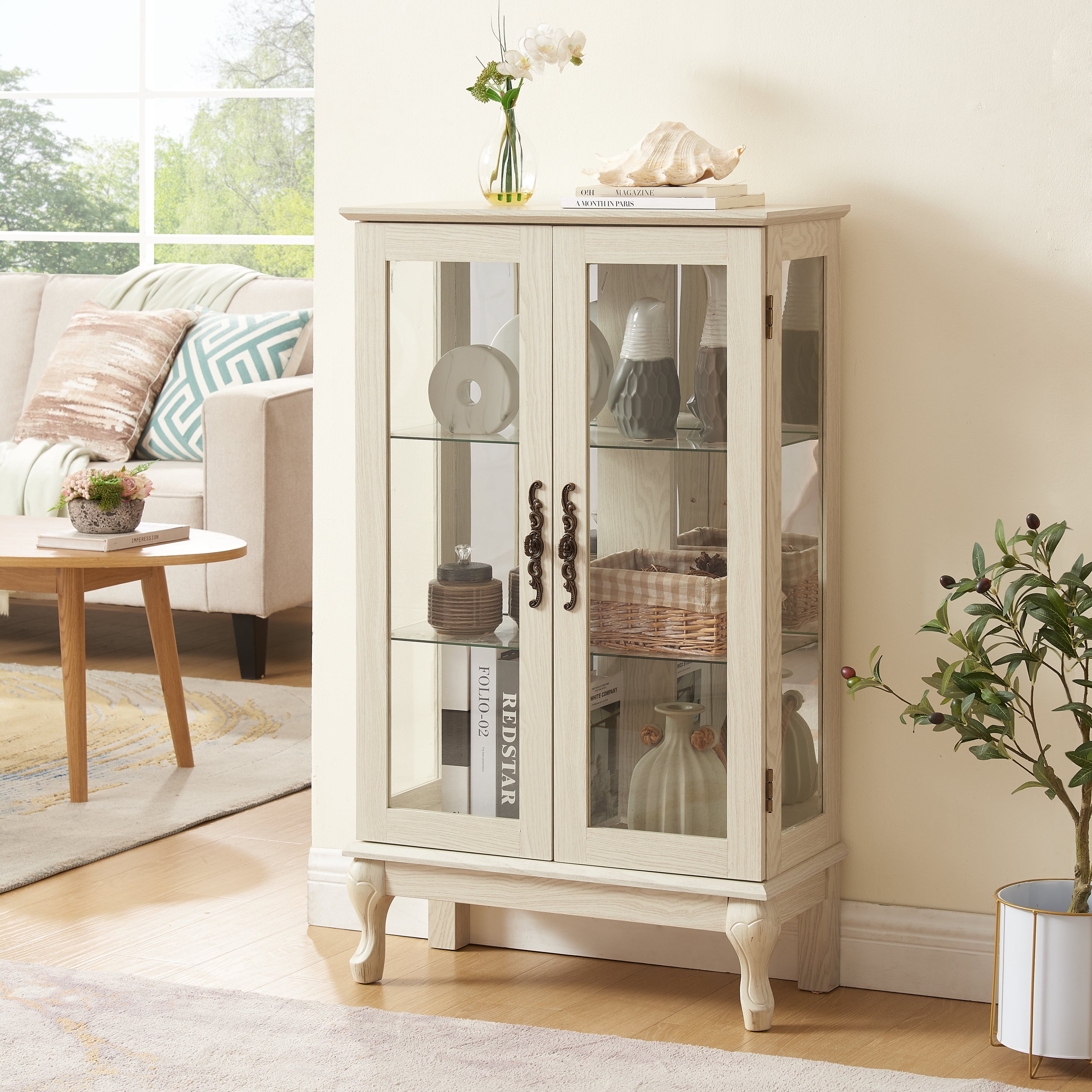 2 Doors Curio Cabinet with Tempered Glass Doors, Curio Cabinets with Mirrored Back Panel and Adjustable Shelves, Lighted Display Cabinet for Home, Office Light Bulb Included White - Grand Goldman Shop