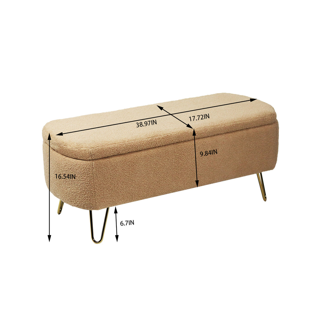 Camel Storage Ottoman Bench for End of Bed Gold Legs, Modern Camel Faux Fur Entryway Bench Upholstered Padded with Storage for Living Room Bedroom - Grand Goldman Shop