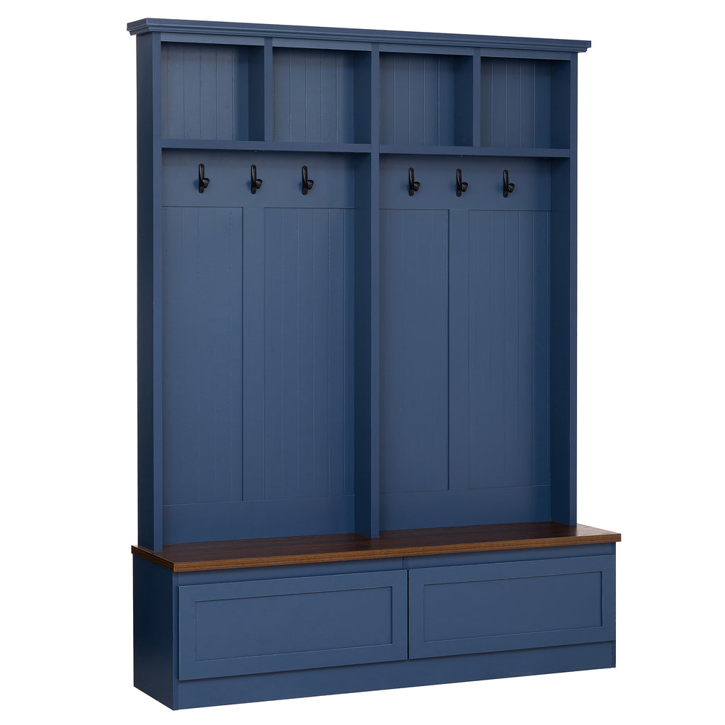 Farmhouse 4-in-1 Hall Tree with Wood Grain Bench, Mudroom Versatile Coat Rack with 2 Large Drawer, Entrance Organizer for Hallway, Living Room, Blue, 55.9'W (OLD SKU: N721P313099C) - Grand Goldman Shop