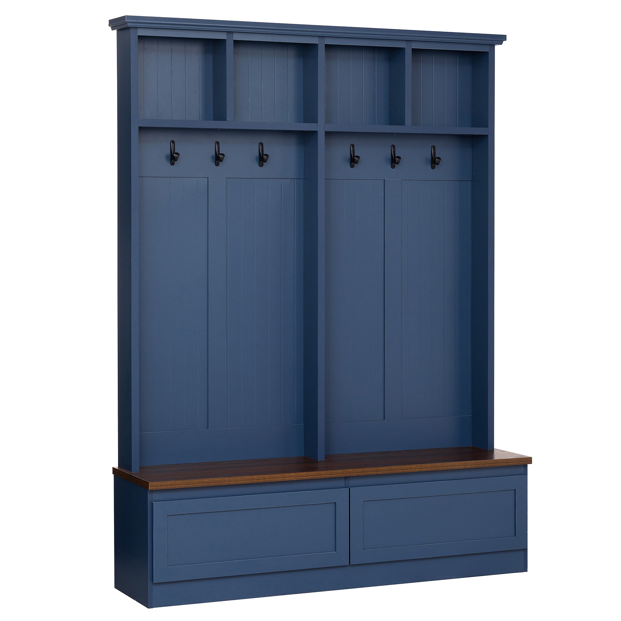 Farmhouse 4-in-1 Hall Tree with Wood Grain Bench, Mudroom Versatile Coat Rack with 2 Large Drawer, Entrance Organizer for Hallway, Living Room, Blue, 55.9'W (OLD SKU: N721P313099C) - Grand Goldman Shop
