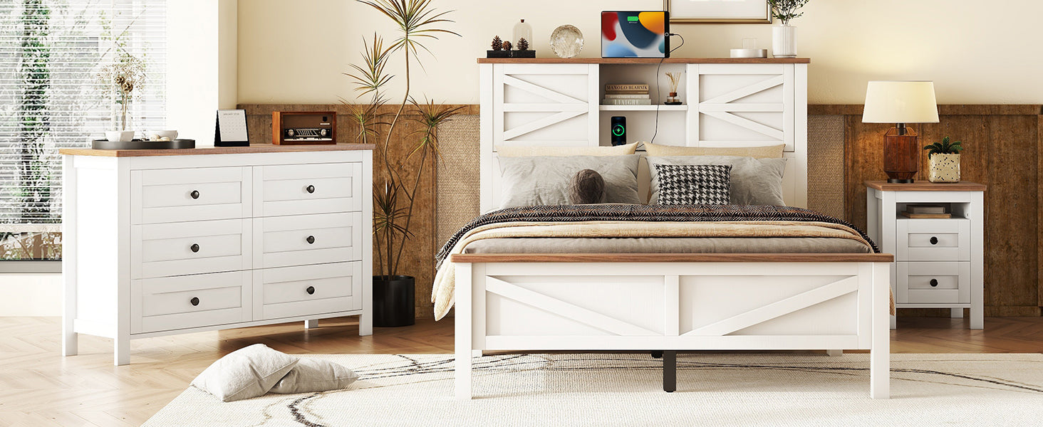 3-Pieces Bedroom Sets Full Size Farmhouse Platform Bed with Double Sliding Door Storage Headboard and Charging Station, Storage Nightstand and Dresser, White+Brown(Old SKU HL000091AAK) - Grand Goldman Shop