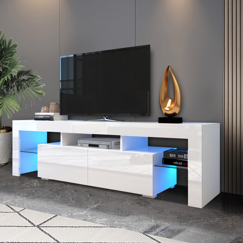 Modern White TV Stand, 20 Colors LED TV Stand w/Remote Control Lights - Grand Goldman Shop