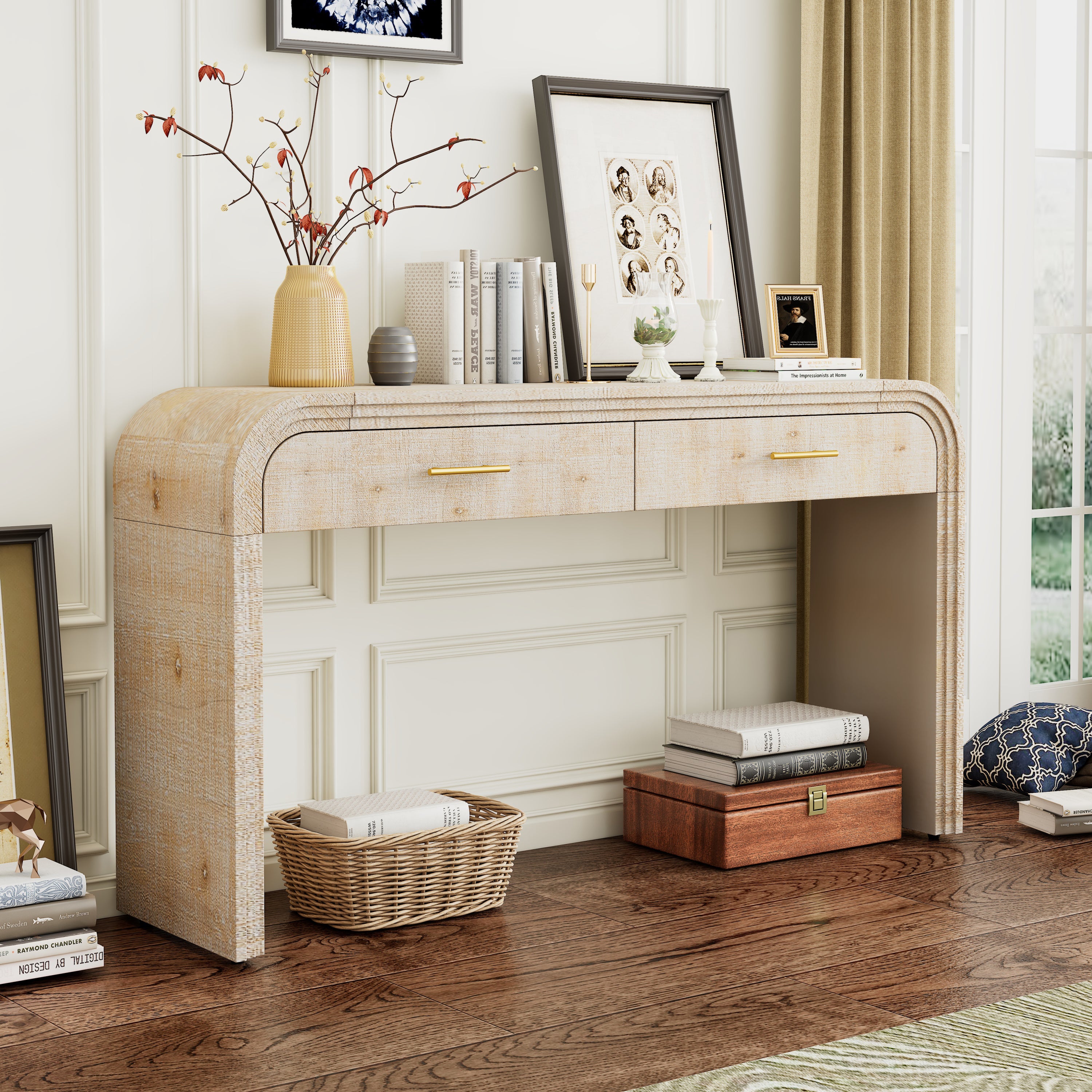 TREXM Unique Retro Silhouette Console Table with Open Style, Two Top Drawers for Entrance, Dinning Room, Living Room (Natural Wood Wash) - Grand Goldman Shop