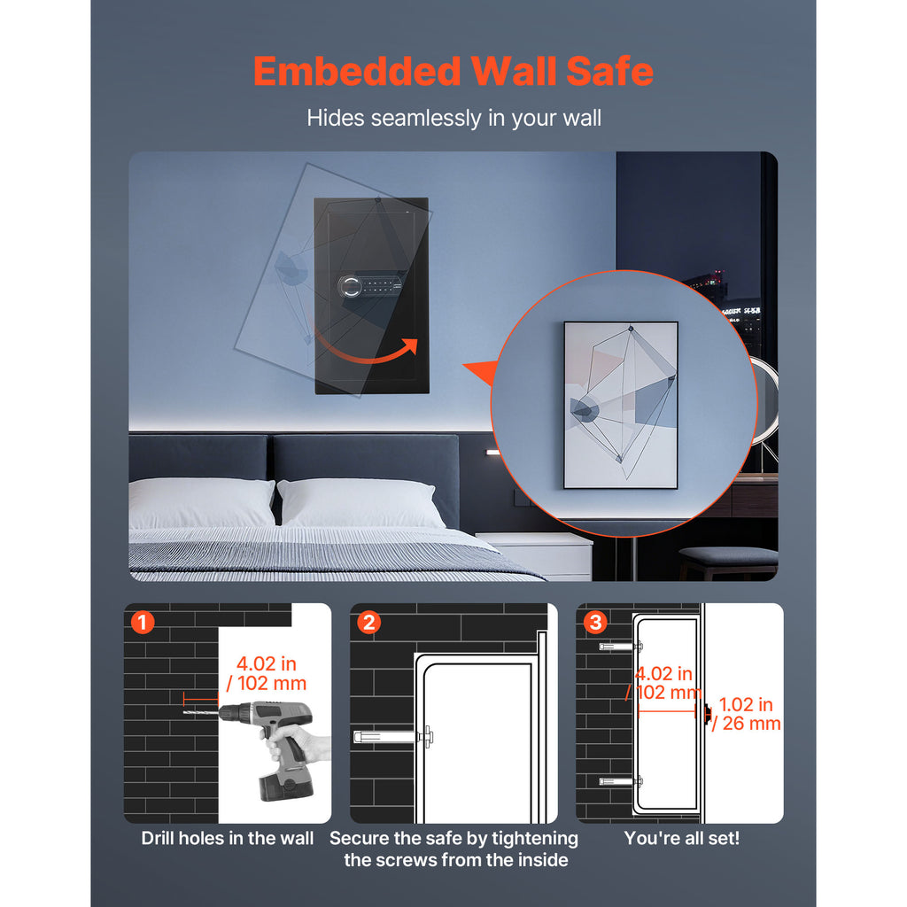 Wall Safe, 3-Tier Hidden Wall Mounted Safe with Password & Key, Q235 Cold-Rolled Steel In-Wall Box with LED Lighting, 2 Adjus
