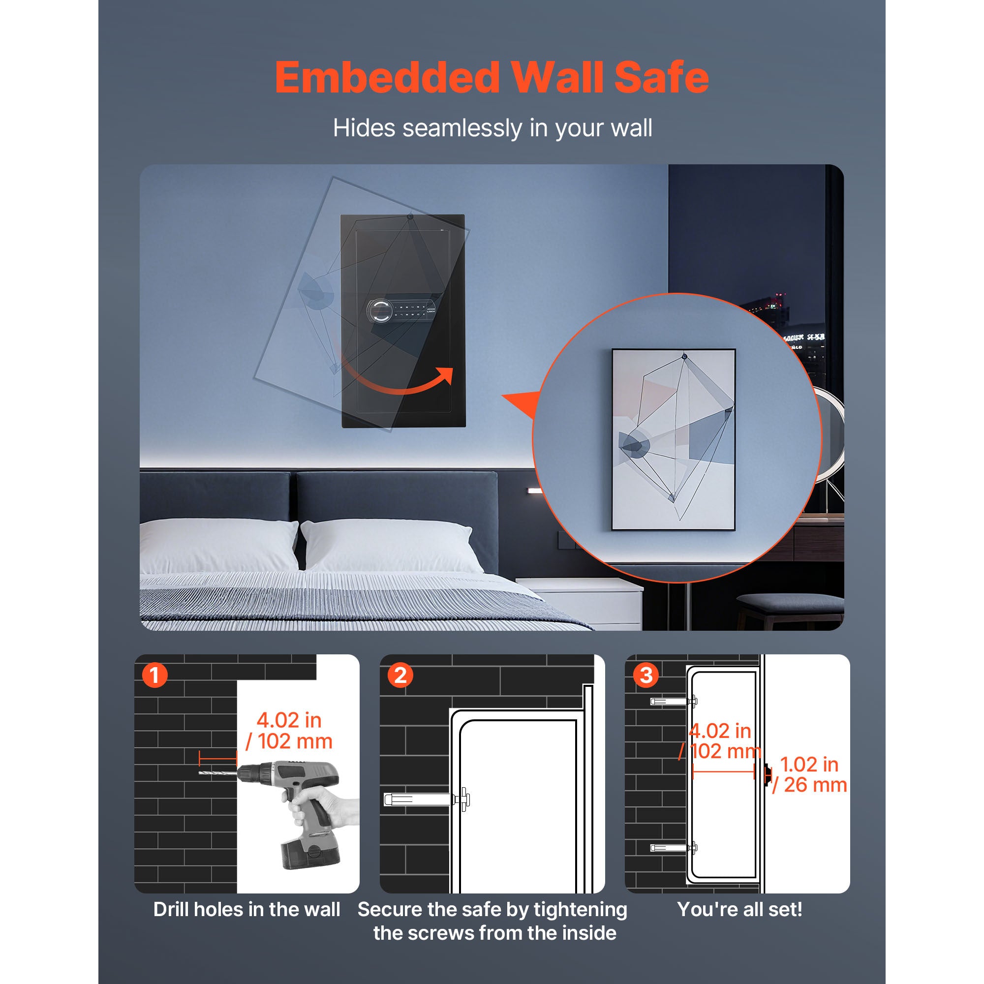 Wall Safe, 3-Tier Hidden Wall Mounted Safe with Password & Key, Q235 Cold-Rolled Steel In-Wall Box with LED Lighting, 2 Adjus