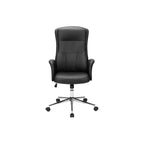 Contemporary Black Leather-Look Office Chair with Adjustable Height, Ergonomic Design, Chrome Base, and Padded Armrests | Pre
