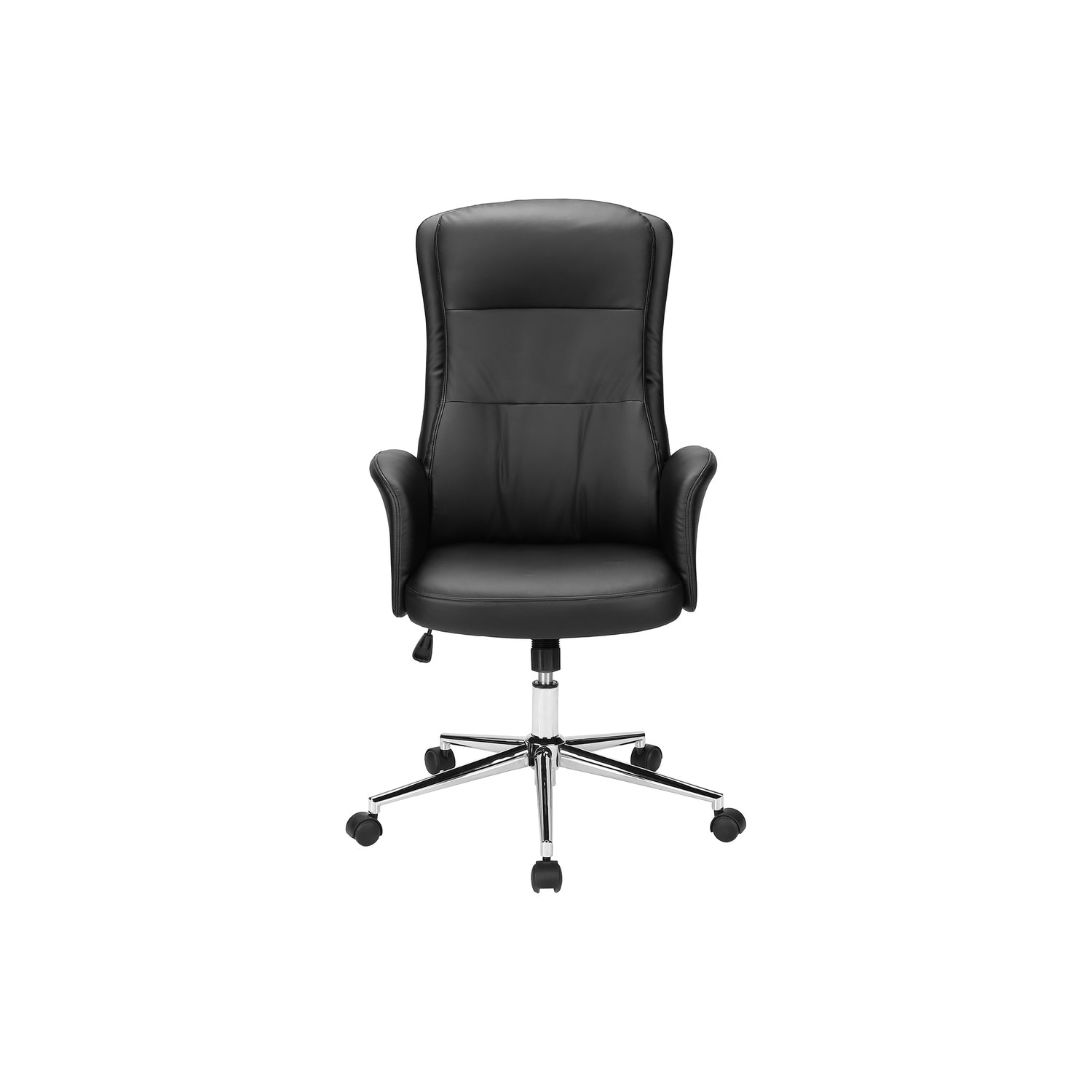 Contemporary Black Leather-Look Office Chair with Adjustable Height, Ergonomic Design, Chrome Base, and Padded Armrests | Pre