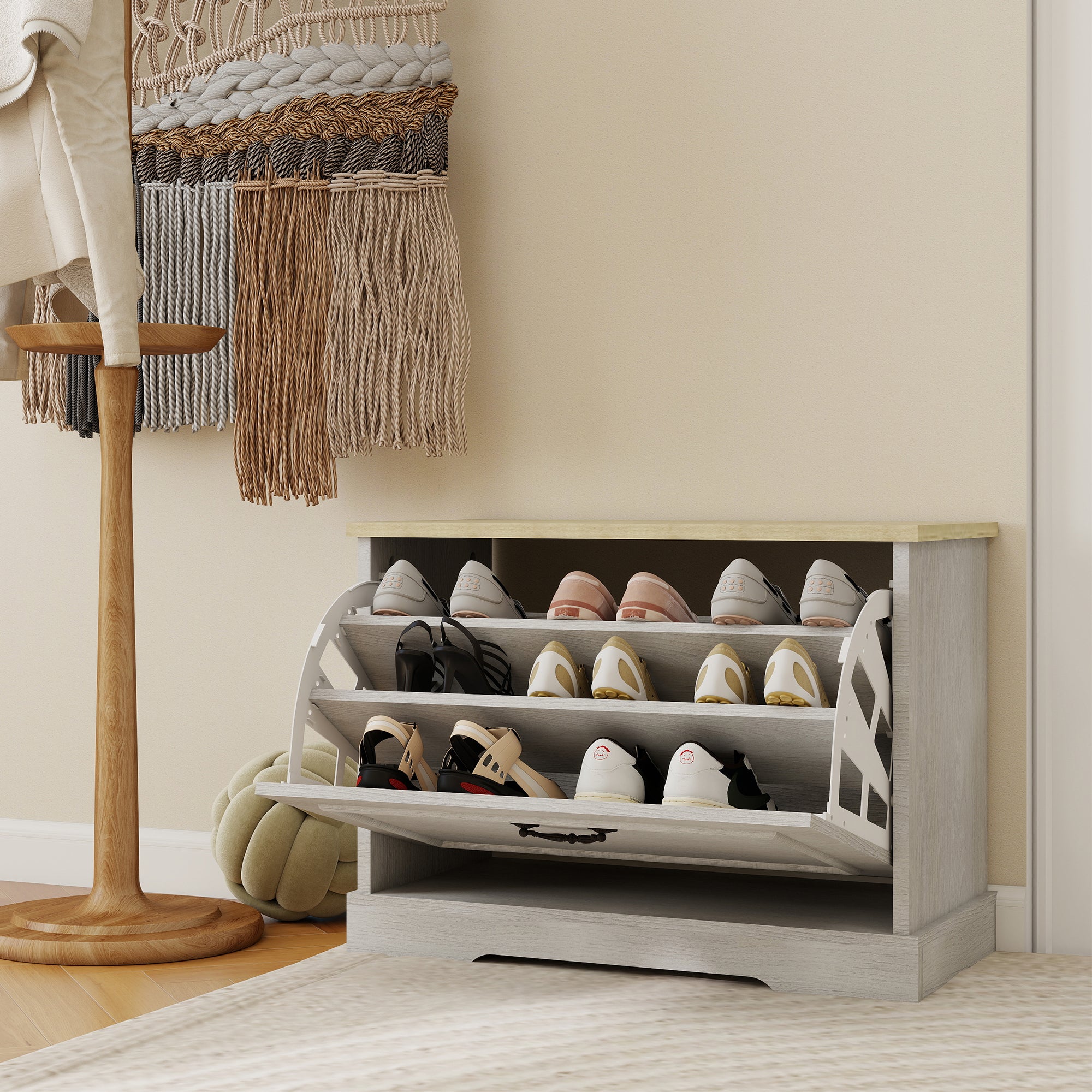 Shoe Storage Bench with 1 Flip Drawer and Adjustable Shelf, Small Shoe Cabinet  for Entryway, Hallway, Bedroom-Antique White - Grand Goldman Shop