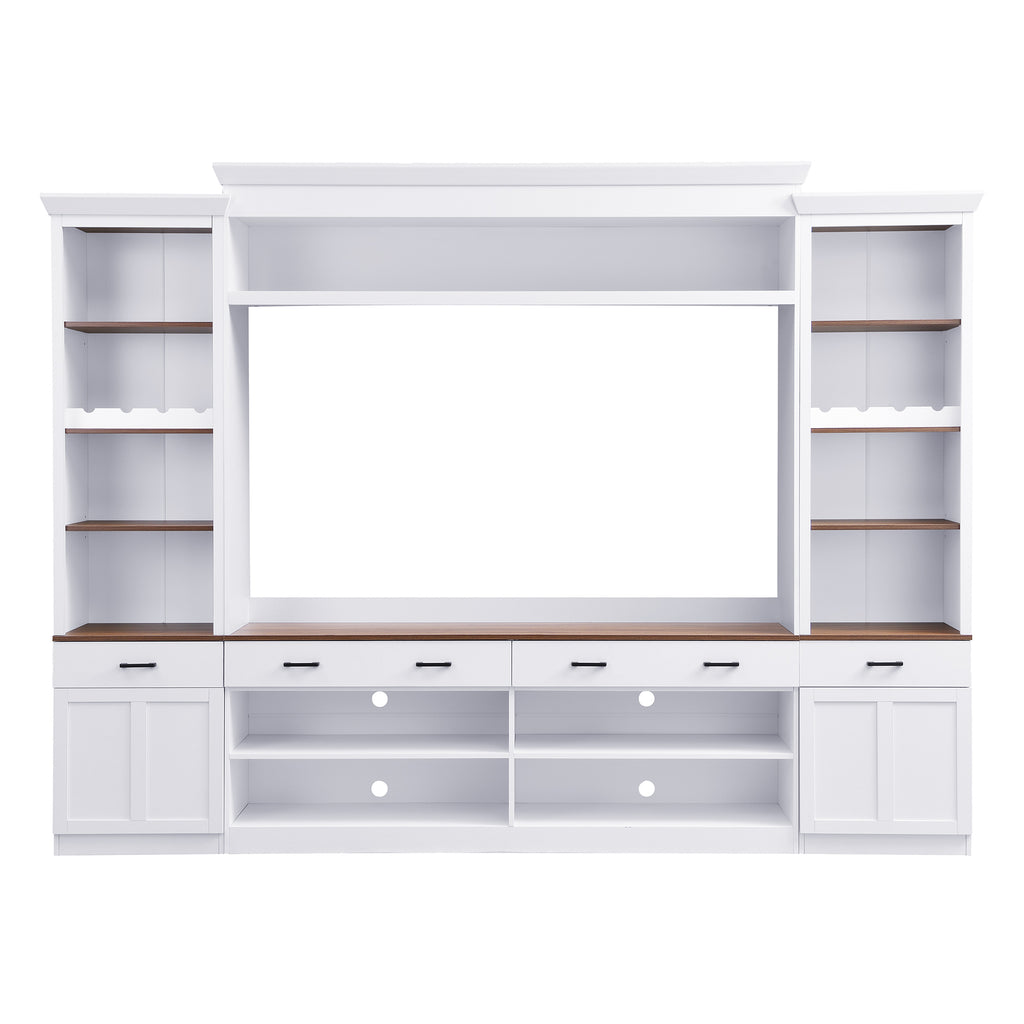 Farmhouse Entertainment Wall Unit with Bookshelf for TVs Up to 70', Walnut TV Stand with Adjustable Shelves, Mid-Century Media Console with Wine Rack for Living Room, White (NEW SKU: N721S000046K-2) - Grand Goldman Shop