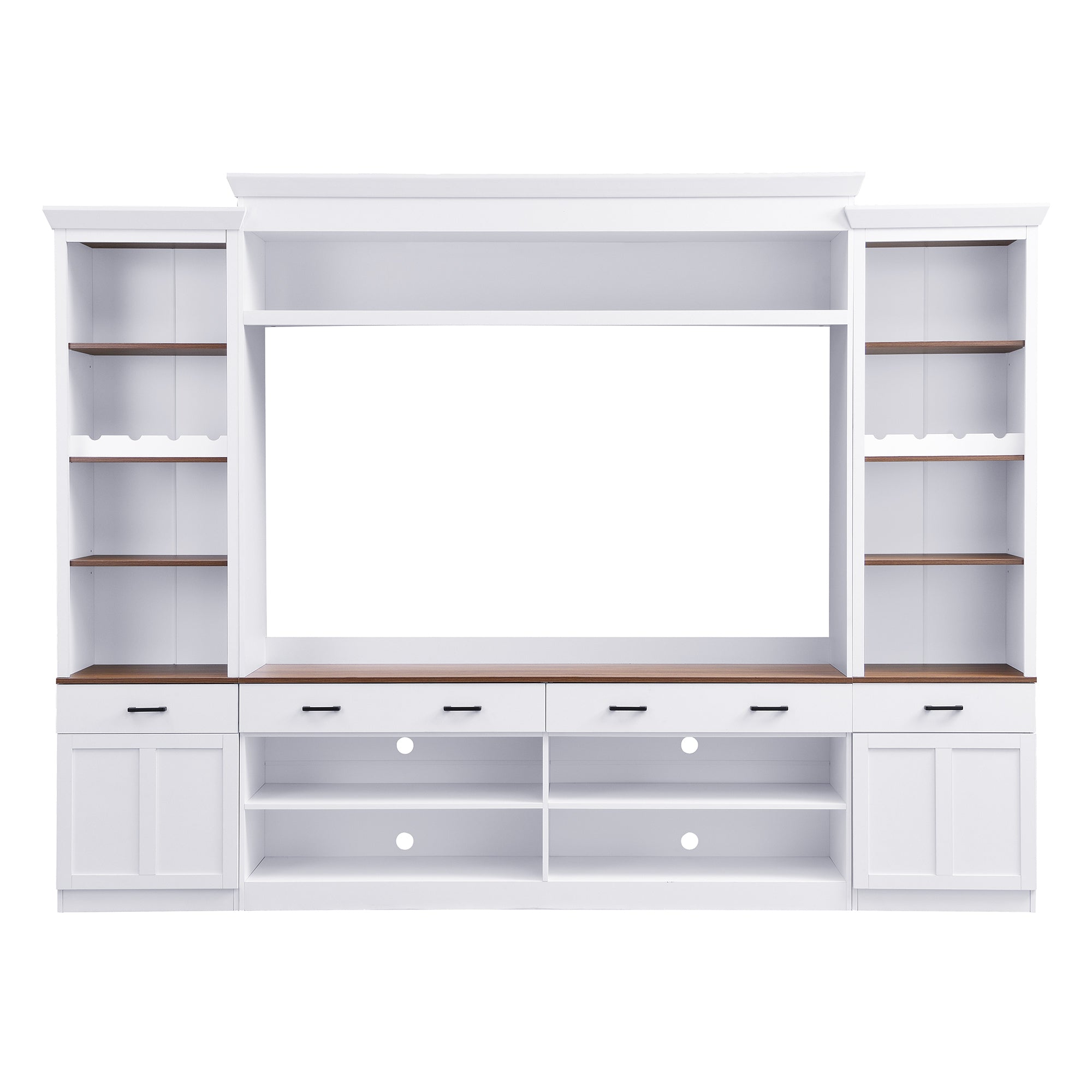 Farmhouse Entertainment Wall Unit with Bookshelf for TVs Up to 70', Walnut TV Stand with Adjustable Shelves, Mid-Century Media Console with Wine Rack for Living Room, White (NEW SKU: N721S000046K-2) - Grand Goldman Shop