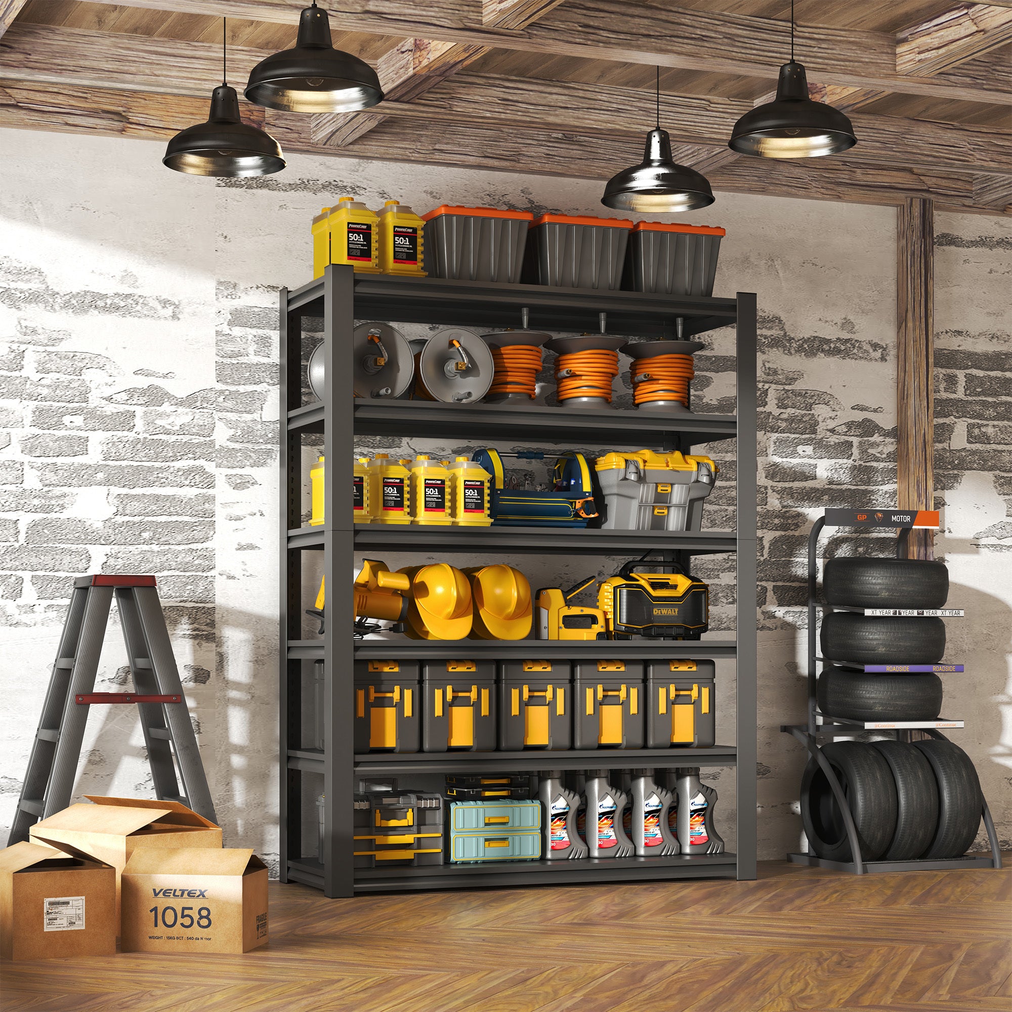 Industrial Heavy Duty 6 Tier Metal Garage Shelving Unit for Storage, Adjustable, Black, 48'W x 18'D x 82'H - Grand Goldman Shop
