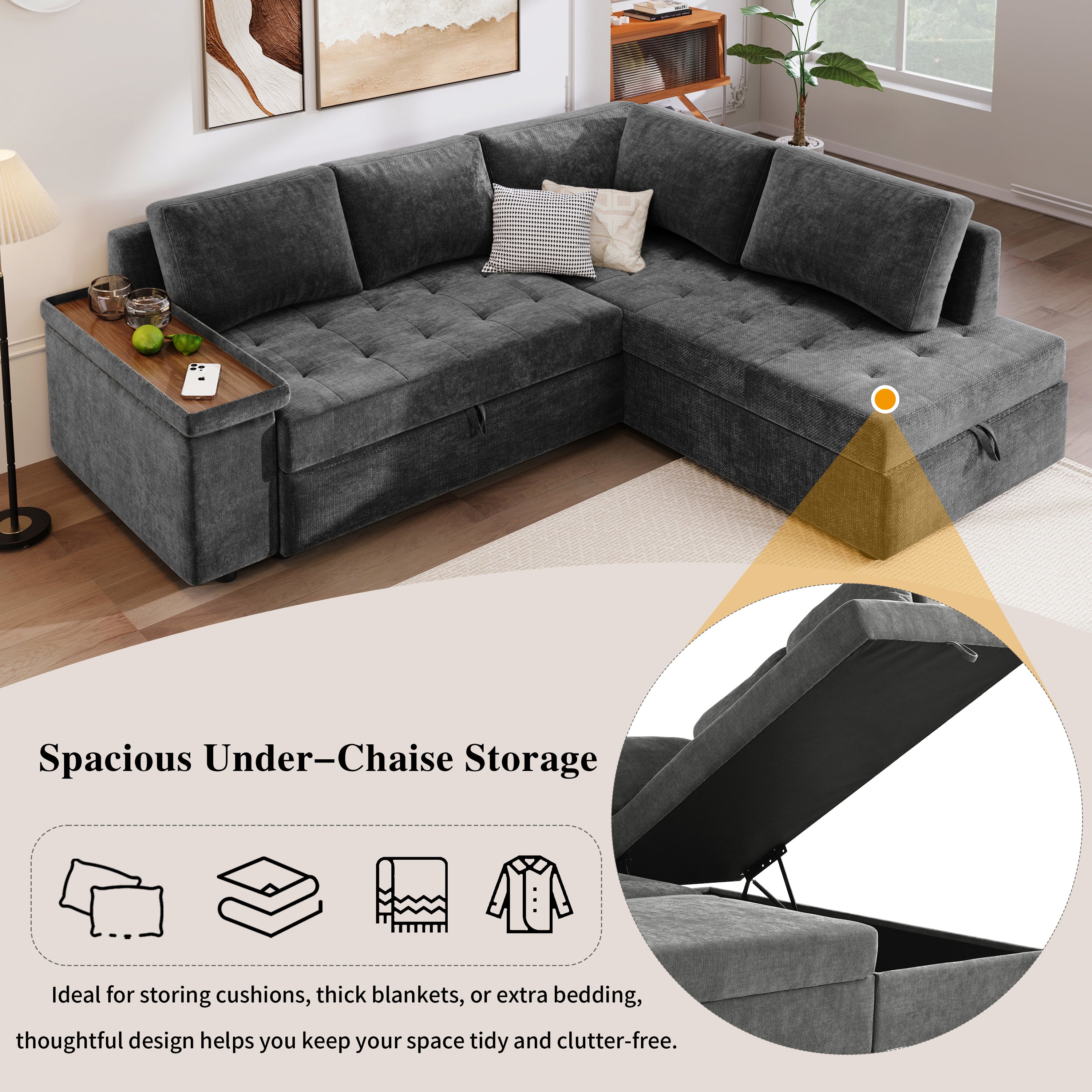 Mirod 91.5-Inch L Shaped Couch with Pull Out Bed and Storage Sectional Sleeper Sofa with Hidden Storage , Wide Armrest with storage,for Living Room, Apartment, Bedroom, Office - Grand Goldman Shop