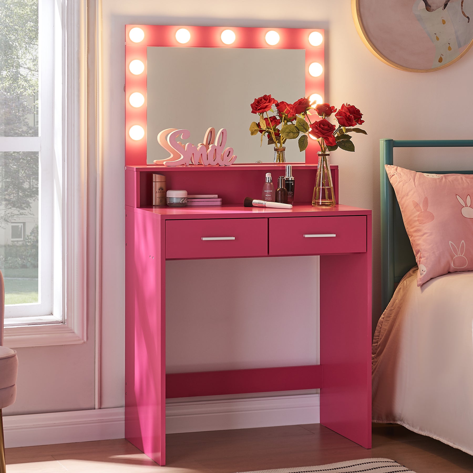 Vanity Desk with Mirror and Lights, Dressing Table with Large Drawer, 2 Level Storage Dresser & 3 Lighting Modes Adjustable Brightness, Suitable for Bedroom(Rose Pink) - Grand Goldman Shop